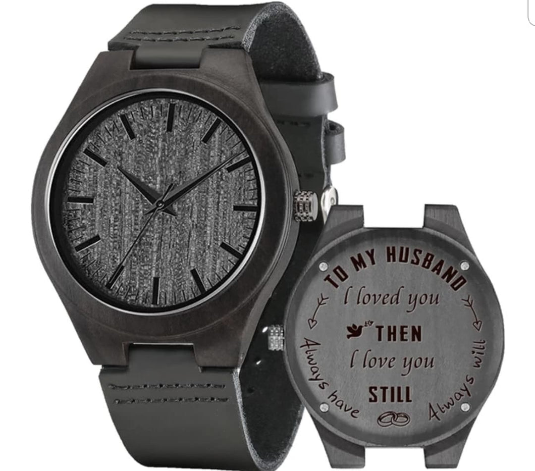 Engraved Leather and Wooden Watch